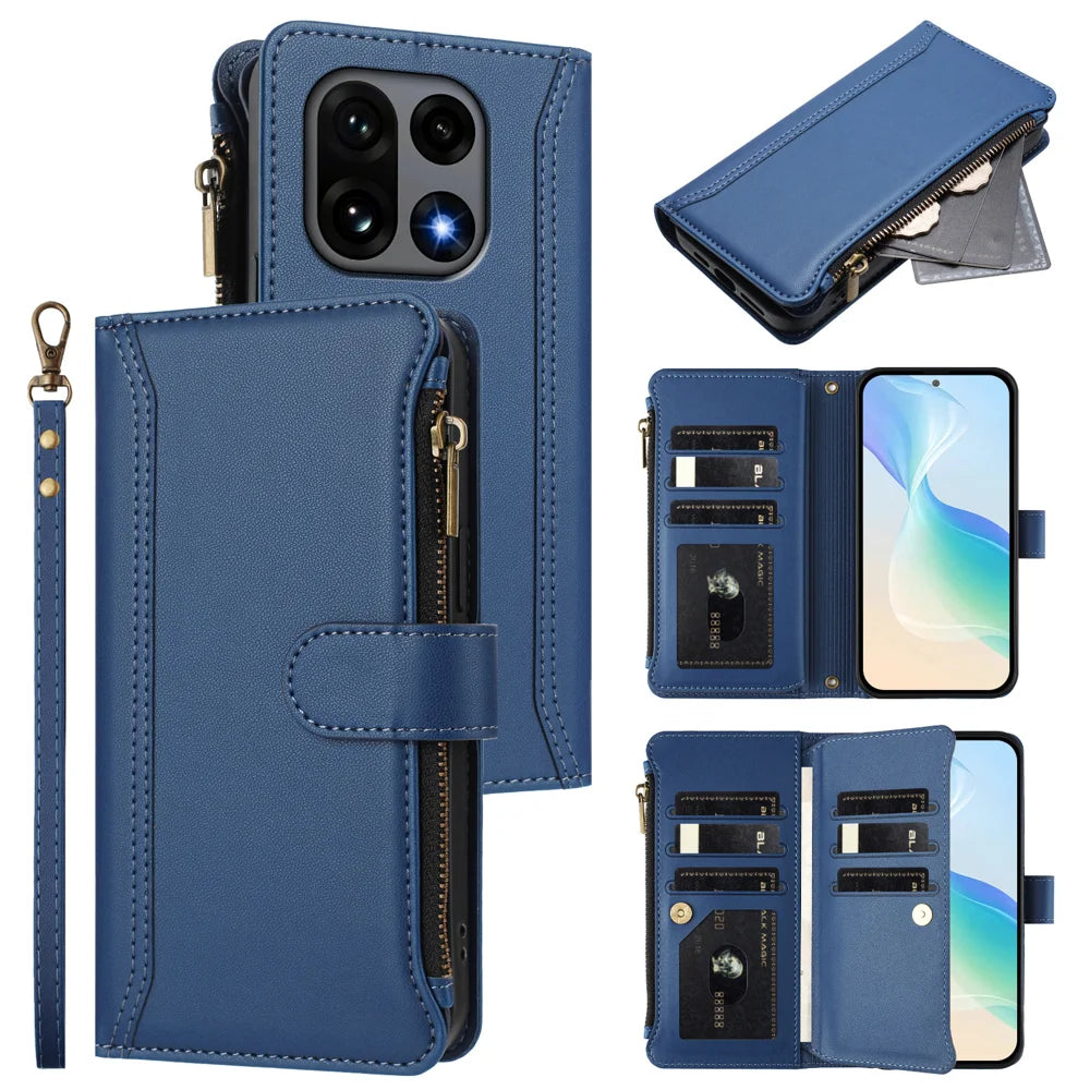 For OnePlus 15 5G Leather Case 9 Card Slots Zipper Wallet Stand Phone Cover with Wrist Strap - Dark Blue - 2