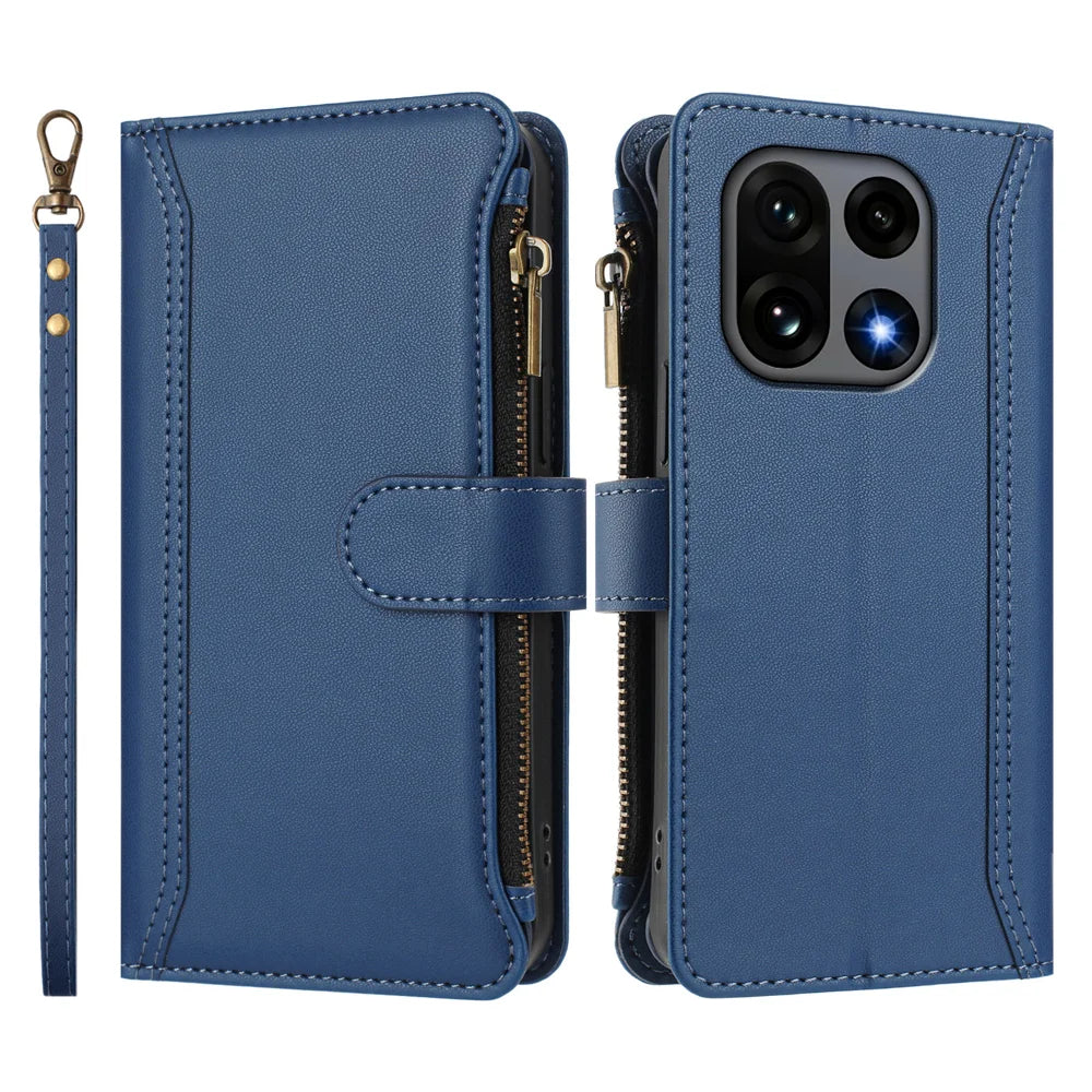 For OnePlus 15 5G Leather Case 9 Card Slots Zipper Wallet Stand Phone Cover with Wrist Strap - Dark Blue - 3