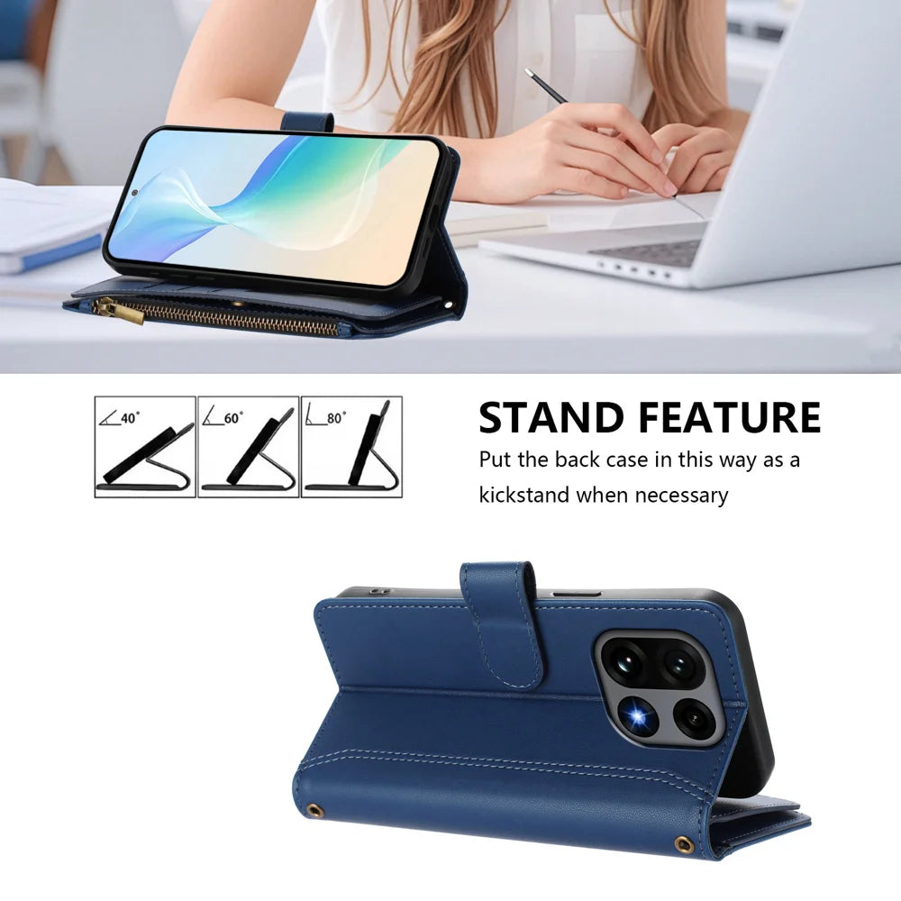 For OnePlus 15 5G Leather Case 9 Card Slots Zipper Wallet Stand Phone Cover with Wrist Strap - Dark Blue - 4