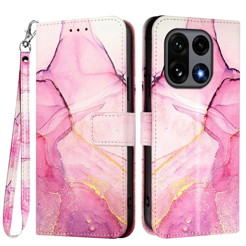 For OnePlus 15 5G Case with Strap Marble Pattern Leather Phone Cover Card Holder - Pink / Purple / Gold LS001 - 1