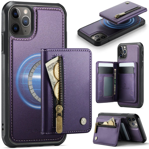 JEEHOOD For iPhone 11 Pro Case  J12 Magnetic Detachable Zipper Wallet Kickstand Leather Back Cover Compatible with MagSafe - Purple - 1
