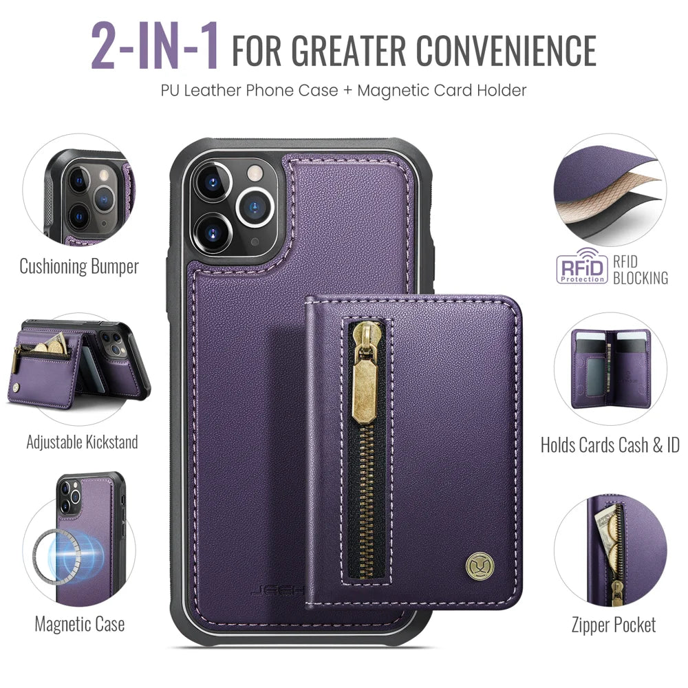 JEEHOOD For iPhone 11 Pro Case  J12 Magnetic Detachable Zipper Wallet Kickstand Leather Back Cover Compatible with MagSafe - Purple - 2
