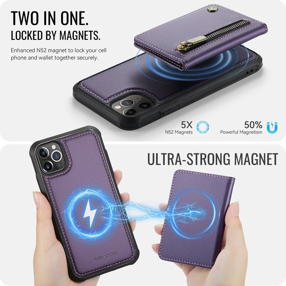 JEEHOOD For iPhone 11 Pro Case  J12 Magnetic Detachable Zipper Wallet Kickstand Leather Back Cover Compatible with MagSafe - Purple - 3