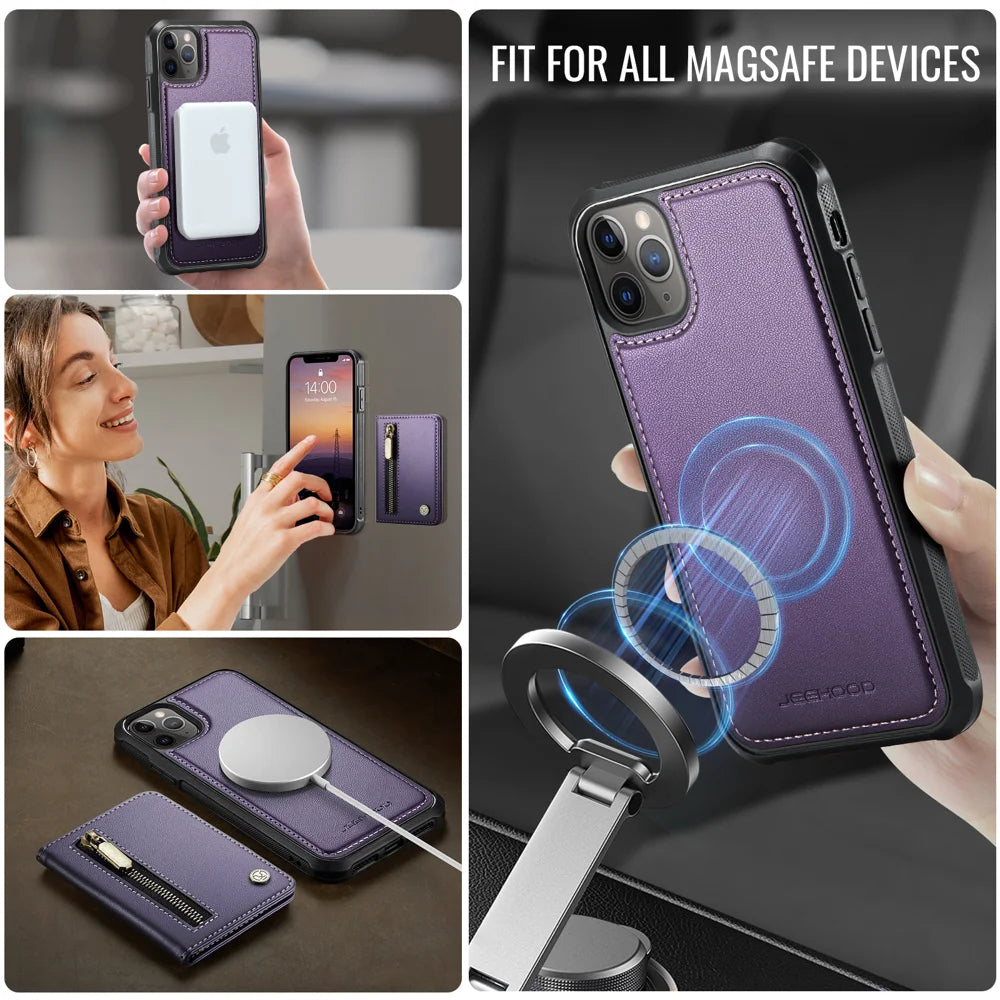 JEEHOOD For iPhone 11 Pro Case  J12 Magnetic Detachable Zipper Wallet Kickstand Leather Back Cover Compatible with MagSafe - Purple - 6