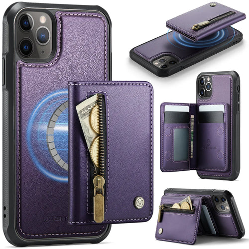 JEEHOOD For iPhone 11 Pro Max Case  J12 Magnetic Detachable Zipper Wallet Kickstand Leather Back Cover Compatible with MagSafe - Purple - 1