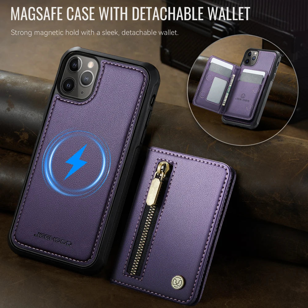 JEEHOOD For iPhone 11 Pro Max Case  J12 Magnetic Detachable Zipper Wallet Kickstand Leather Back Cover Compatible with MagSafe - Purple - 4