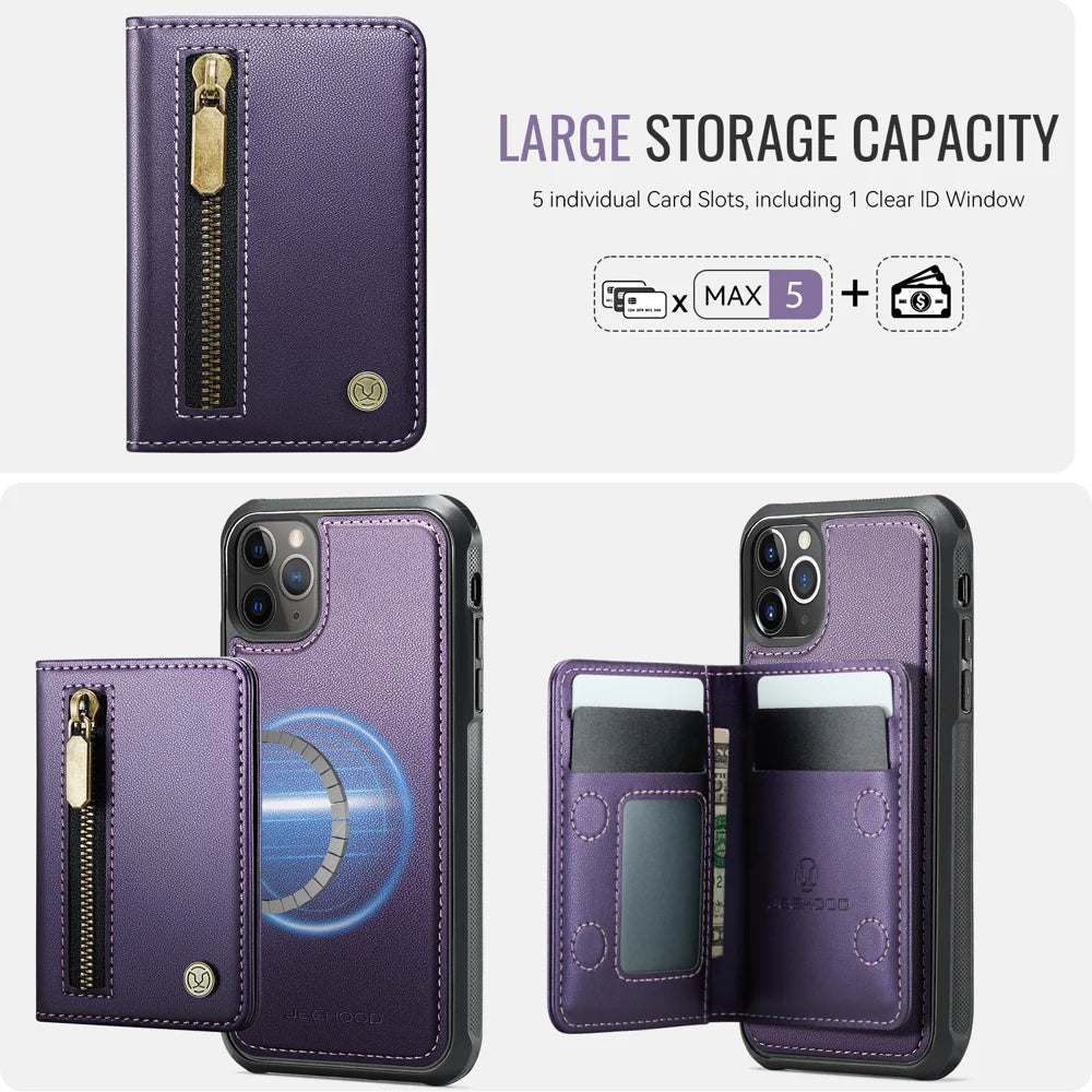 JEEHOOD For iPhone 11 Pro Max Case  J12 Magnetic Detachable Zipper Wallet Kickstand Leather Back Cover Compatible with MagSafe - Purple - 5