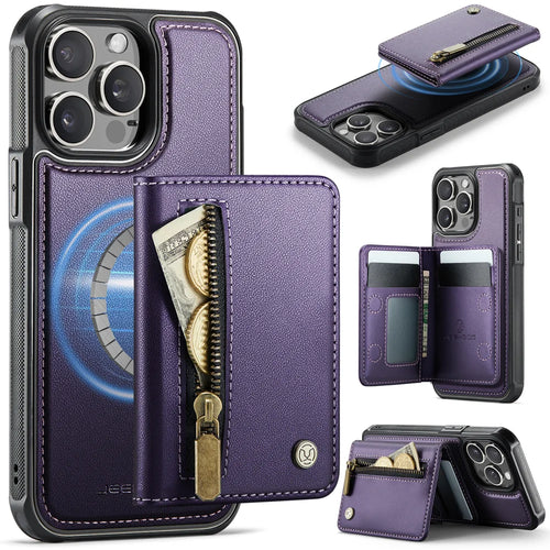 JEEHOOD For iPhone 12 Pro 6.1 inch / iPhone 12 6.1 inch Case  J12 Magnetic Detachable Zipper Wallet Kickstand Leather Back Cover Compatible with MagSafe - Purple - 1