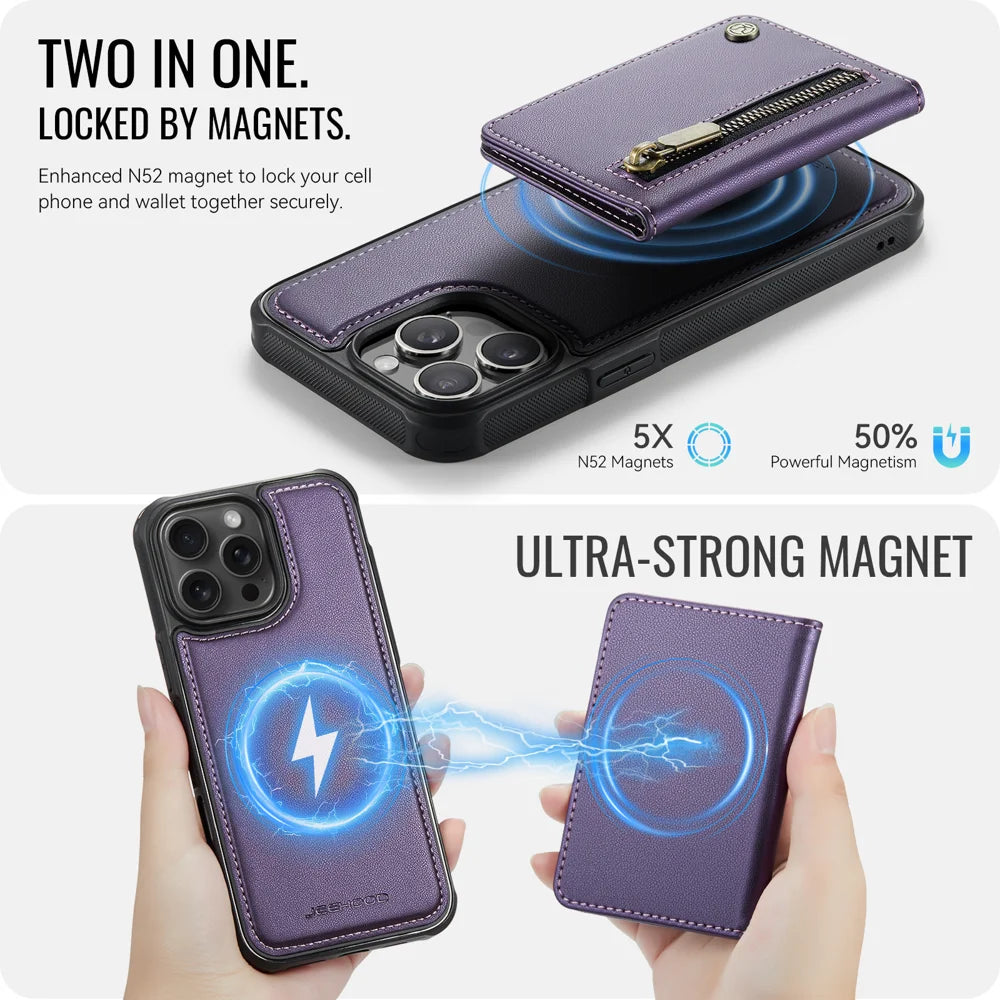 JEEHOOD For iPhone 12 Pro 6.1 inch / iPhone 12 6.1 inch Case  J12 Magnetic Detachable Zipper Wallet Kickstand Leather Back Cover Compatible with MagSafe - Purple - 3