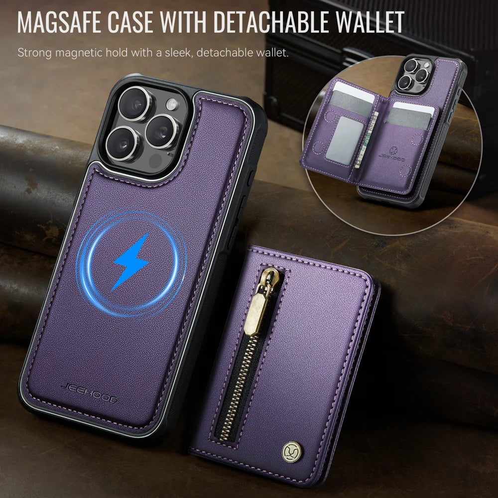 JEEHOOD For iPhone 12 Pro 6.1 inch / iPhone 12 6.1 inch Case  J12 Magnetic Detachable Zipper Wallet Kickstand Leather Back Cover Compatible with MagSafe - Purple - 4