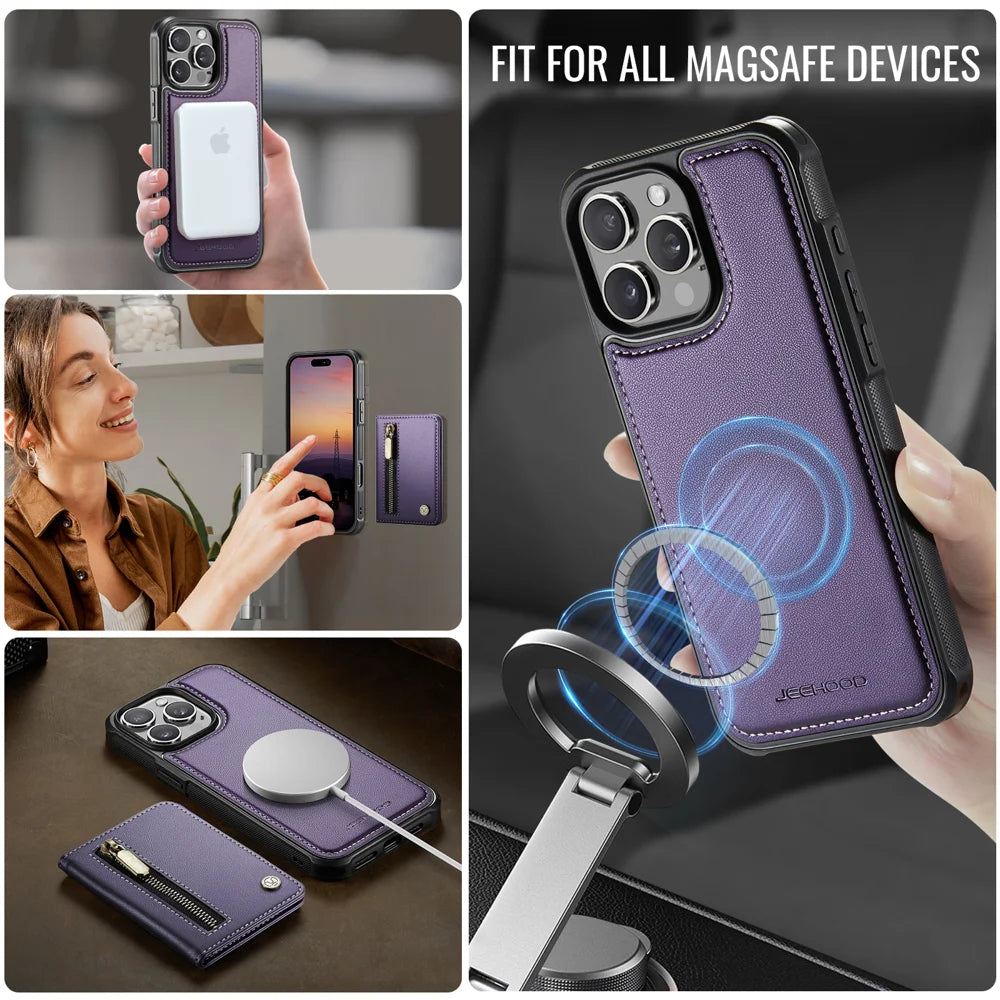 JEEHOOD For iPhone 12 Pro 6.1 inch / iPhone 12 6.1 inch Case  J12 Magnetic Detachable Zipper Wallet Kickstand Leather Back Cover Compatible with MagSafe - Purple - 6
