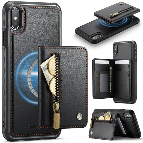 JEEHOOD For iPhone XS 5.8 inch / iPhone X Case  J12 Magnetic Detachable Zipper Wallet Kickstand Leather Back Cover Compatible with MagSafe - Black - 1