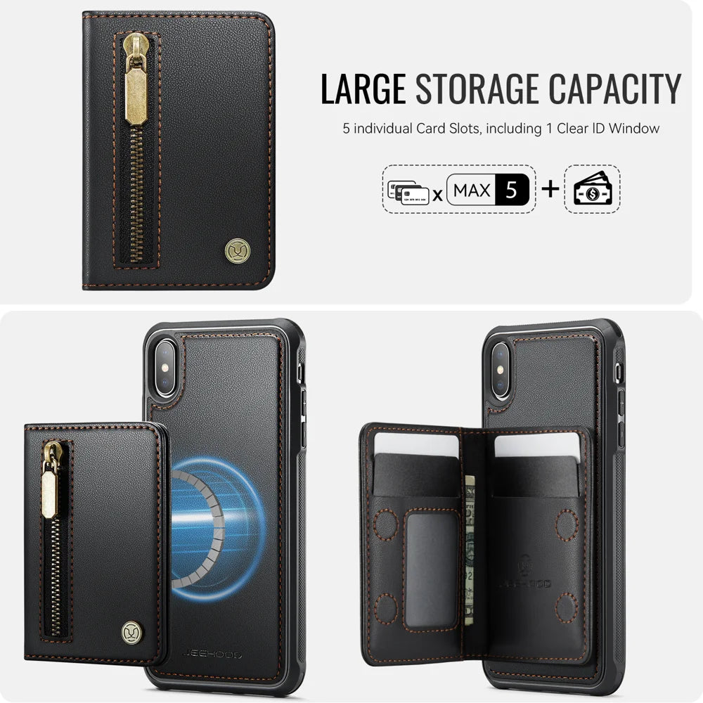 JEEHOOD For iPhone XS 5.8 inch / iPhone X Case  J12 Magnetic Detachable Zipper Wallet Kickstand Leather Back Cover Compatible with MagSafe - Black - 5