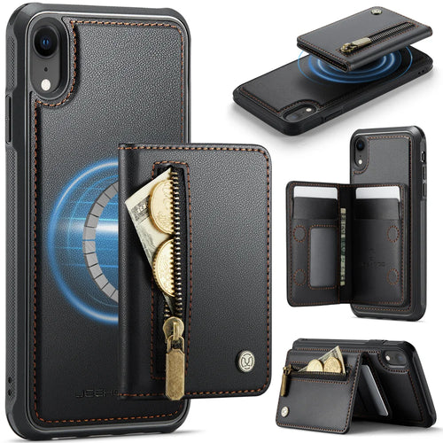 JEEHOOD For iPhone XR 6.1 inch Case  J12 Magnetic Detachable Zipper Wallet Kickstand Leather Back Cover Compatible with MagSafe - Black - 1