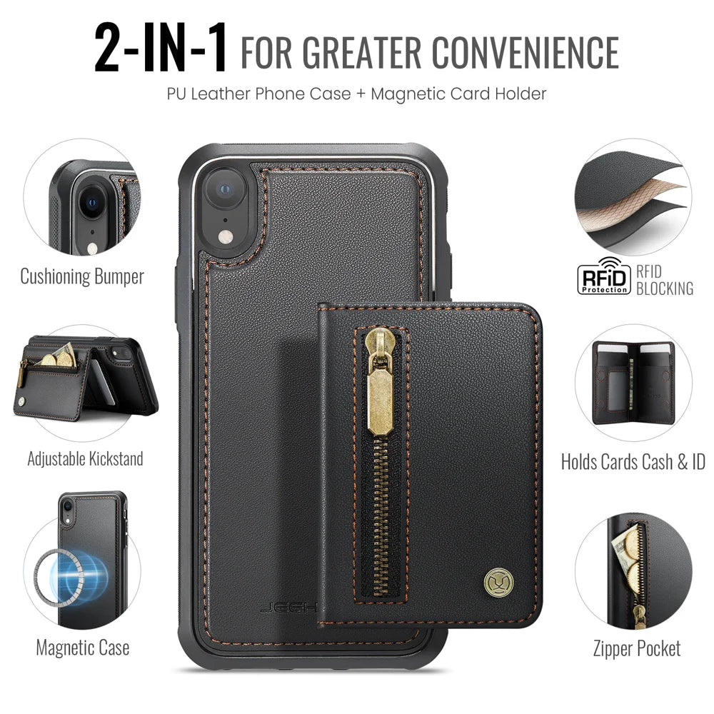 JEEHOOD For iPhone XR 6.1 inch Case  J12 Magnetic Detachable Zipper Wallet Kickstand Leather Back Cover Compatible with MagSafe - Black - 2