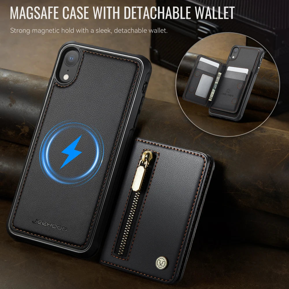 JEEHOOD For iPhone XR 6.1 inch Case  J12 Magnetic Detachable Zipper Wallet Kickstand Leather Back Cover Compatible with MagSafe - Black - 4