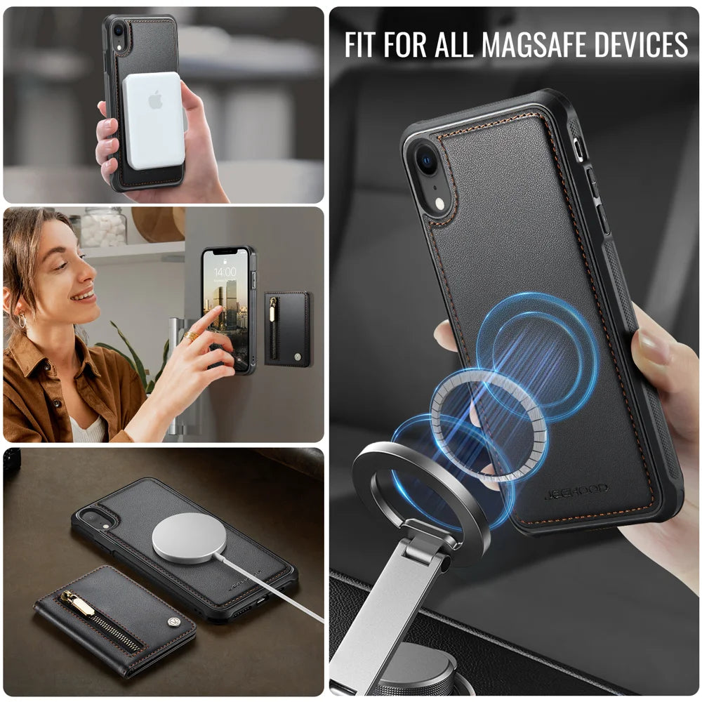 JEEHOOD For iPhone XR 6.1 inch Case  J12 Magnetic Detachable Zipper Wallet Kickstand Leather Back Cover Compatible with MagSafe - Black - 6