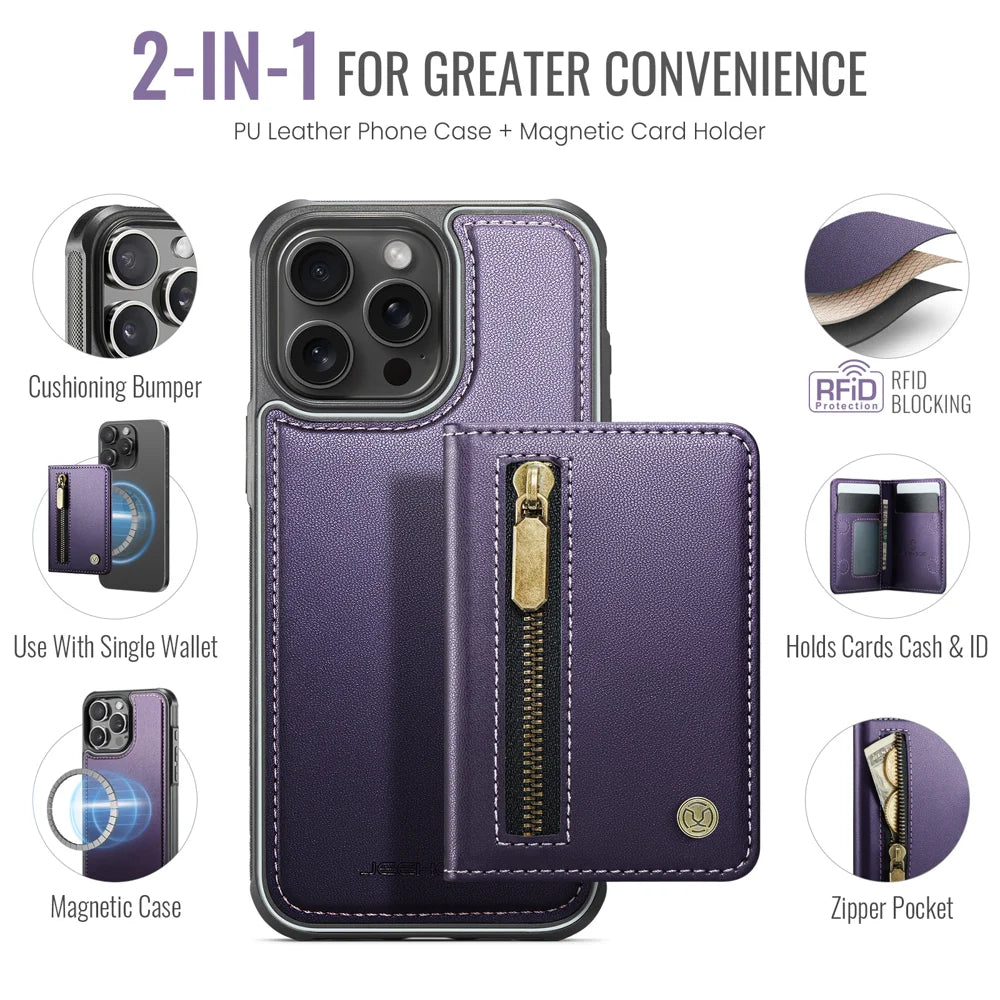 JEEHOOD For iPhone 12 Pro Max 6.7 inch Case  J12 Magnetic Detachable Zipper Wallet Kickstand Leather Back Cover Compatible with MagSafe - Purple - 2