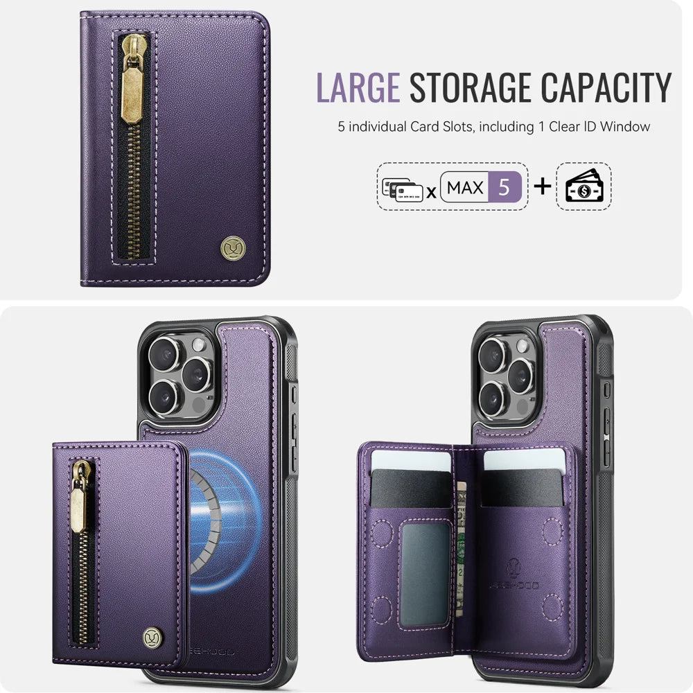 JEEHOOD For iPhone 12 Pro Max 6.7 inch Case  J12 Magnetic Detachable Zipper Wallet Kickstand Leather Back Cover Compatible with MagSafe - Purple - 5