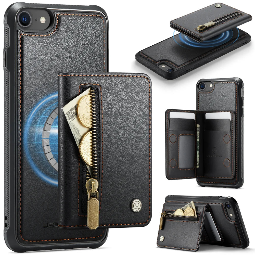 JEEHOOD For iPhone 8 4.7 inch / iPhone SE (2020) / iPhone SE (2022) / iPhone 7 4.7 inch Case  J12 Magnetic Detachable Zipper Wallet Kickstand Leather Back Cover Compatible with MagSafe - Black - 1