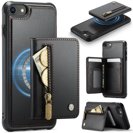 JEEHOOD For iPhone 8 4.7 inch / iPhone SE (2020) / iPhone SE (2022) / iPhone 7 4.7 inch Case  J12 Magnetic Detachable Zipper Wallet Kickstand Leather Back Cover Compatible with MagSafe - Black - 1