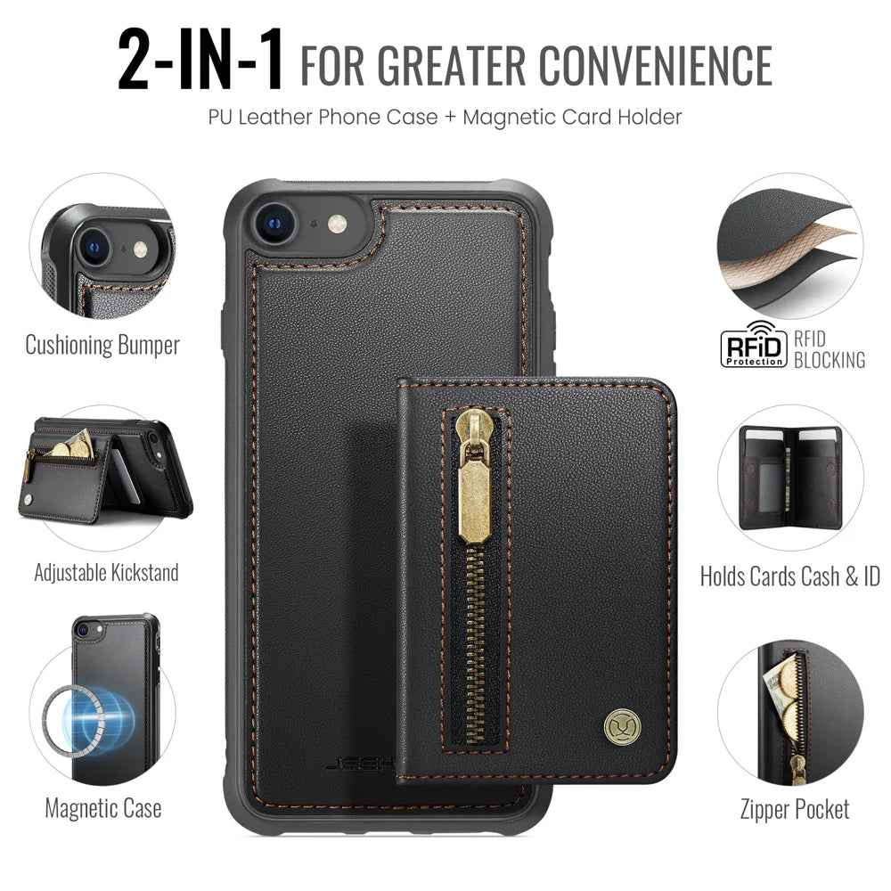 JEEHOOD For iPhone 8 4.7 inch / iPhone SE (2020) / iPhone SE (2022) / iPhone 7 4.7 inch Case  J12 Magnetic Detachable Zipper Wallet Kickstand Leather Back Cover Compatible with MagSafe - Black - 2