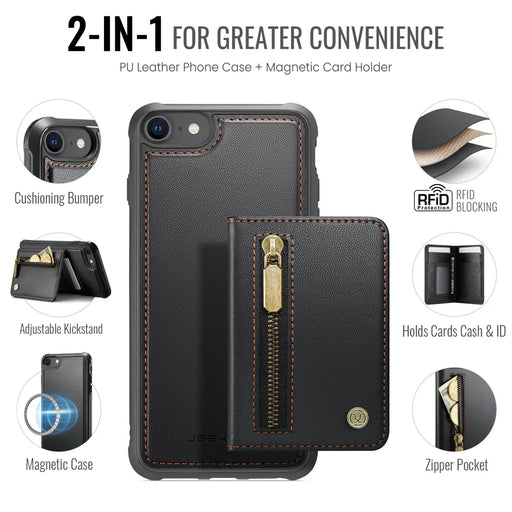 JEEHOOD For iPhone 8 4.7 inch / iPhone SE (2020) / iPhone SE (2022) / iPhone 7 4.7 inch Case  J12 Magnetic Detachable Zipper Wallet Kickstand Leather Back Cover Compatible with MagSafe - Black - 2