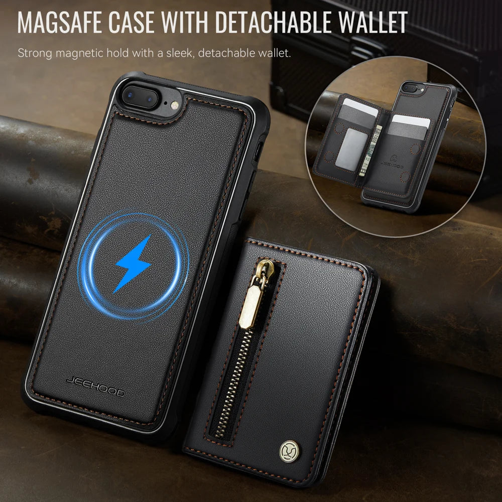 JEEHOOD For iPhone 8 4.7 inch / iPhone SE (2020) / iPhone SE (2022) / iPhone 7 4.7 inch Case  J12 Magnetic Detachable Zipper Wallet Kickstand Leather Back Cover Compatible with MagSafe - Black - 4