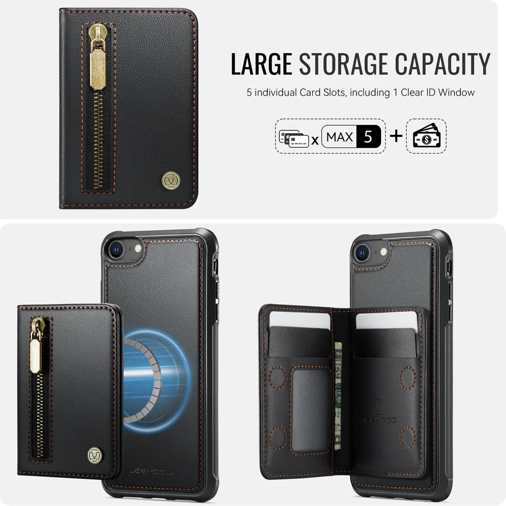 JEEHOOD For iPhone 8 4.7 inch / iPhone SE (2020) / iPhone SE (2022) / iPhone 7 4.7 inch Case  J12 Magnetic Detachable Zipper Wallet Kickstand Leather Back Cover Compatible with MagSafe - Black - 5