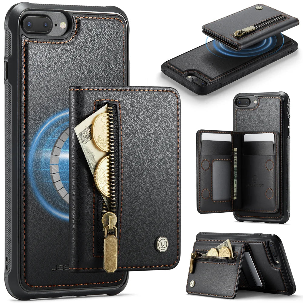 JEEHOOD For iPhone 8 Plus 5.5 inch / iPhone 7 Plus 5.5 inch Case  J12 Magnetic Detachable Zipper Wallet Kickstand Leather Back Cover Compatible with MagSafe - Black - 1