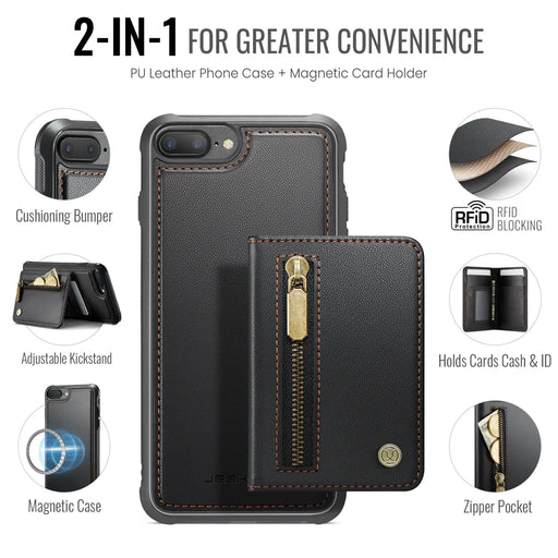 JEEHOOD For iPhone 8 Plus 5.5 inch / iPhone 7 Plus 5.5 inch Case  J12 Magnetic Detachable Zipper Wallet Kickstand Leather Back Cover Compatible with MagSafe - Black - 2