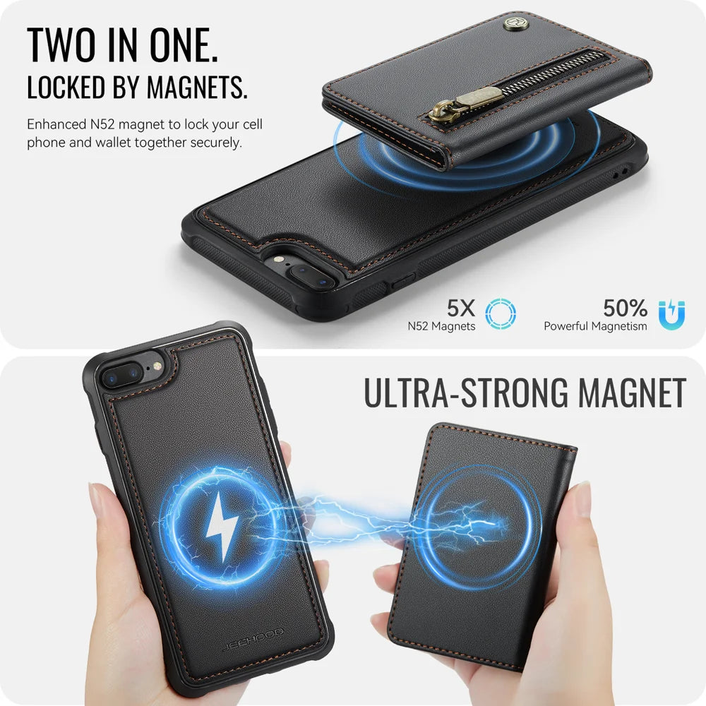 JEEHOOD For iPhone 8 Plus 5.5 inch / iPhone 7 Plus 5.5 inch Case  J12 Magnetic Detachable Zipper Wallet Kickstand Leather Back Cover Compatible with MagSafe - Black - 3