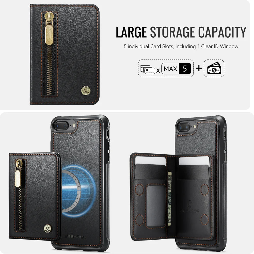JEEHOOD For iPhone 8 Plus 5.5 inch / iPhone 7 Plus 5.5 inch Case  J12 Magnetic Detachable Zipper Wallet Kickstand Leather Back Cover Compatible with MagSafe - Black - 5