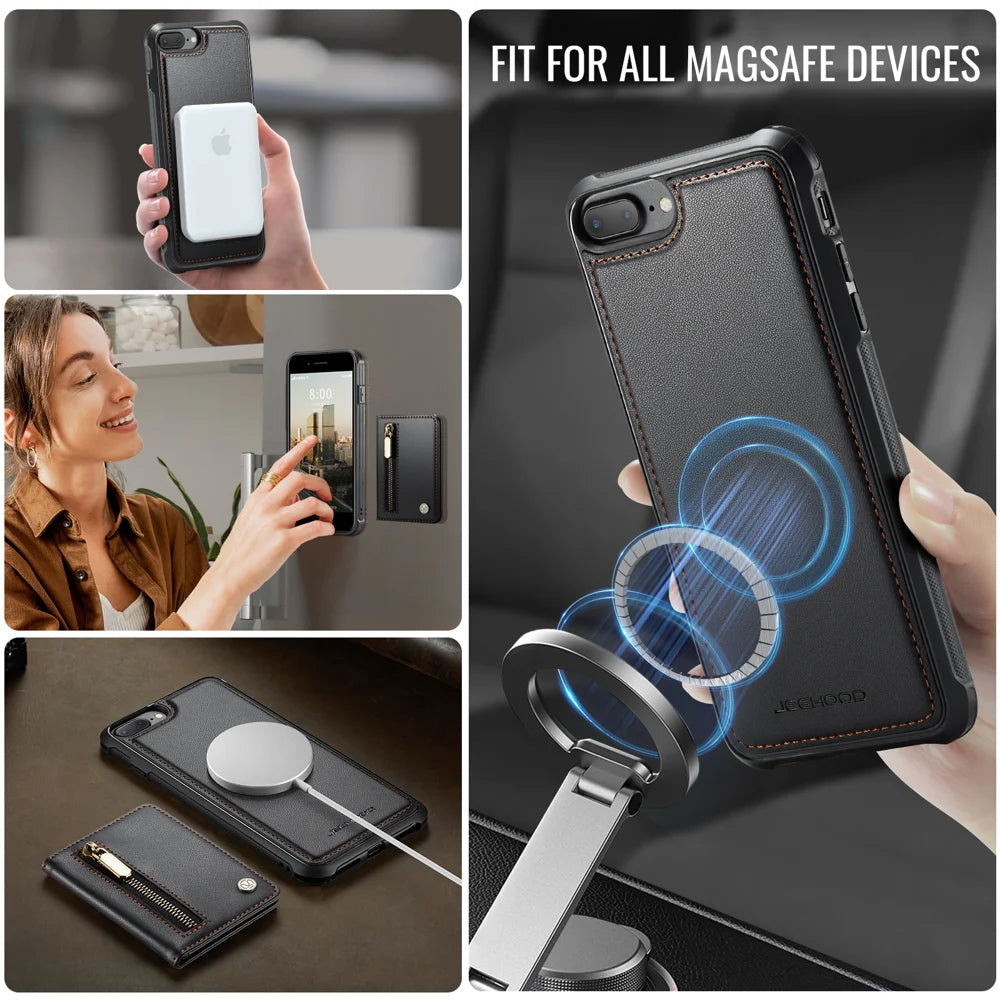 JEEHOOD For iPhone 8 Plus 5.5 inch / iPhone 7 Plus 5.5 inch Case  J12 Magnetic Detachable Zipper Wallet Kickstand Leather Back Cover Compatible with MagSafe - Black - 6