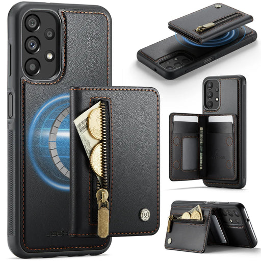 JEEHOOD For Samsung Galaxy A13 4G / Galaxy A04s 4G (164.7mm) / Galaxy A13 5G Case  J12 Magnetic Detachable Zipper Wallet Kickstand Leather Back Cover Magnetic Case - Black - 1