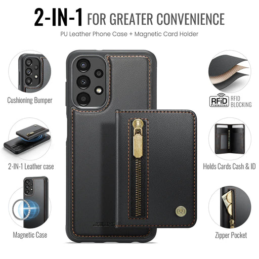 JEEHOOD For Samsung Galaxy A13 4G / Galaxy A04s 4G (164.7mm) / Galaxy A13 5G Case  J12 Magnetic Detachable Zipper Wallet Kickstand Leather Back Cover Magnetic Case - Black - 2