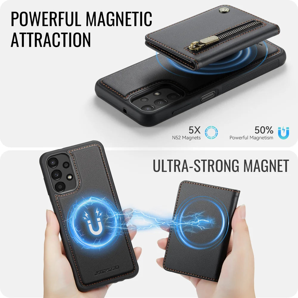 JEEHOOD For Samsung Galaxy A13 4G / Galaxy A04s 4G (164.7mm) / Galaxy A13 5G Case  J12 Magnetic Detachable Zipper Wallet Kickstand Leather Back Cover Magnetic Case - Black - 3