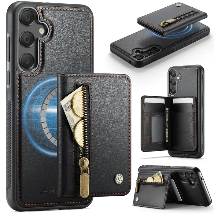 JEEHOOD For Samsung Galaxy A35 5G Case  J12 Magnetic Detachable Zipper Wallet Kickstand Leather Back Cover Magnetic Case - Black - 1