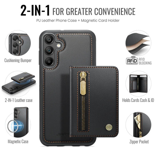 JEEHOOD For Samsung Galaxy A35 5G Case  J12 Magnetic Detachable Zipper Wallet Kickstand Leather Back Cover Magnetic Case - Black - 2