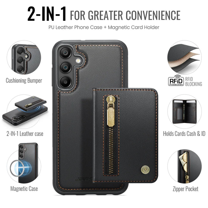 JEEHOOD For Samsung Galaxy A35 5G Case  J12 Magnetic Detachable Zipper Wallet Kickstand Leather Back Cover Magnetic Case - Black - 2