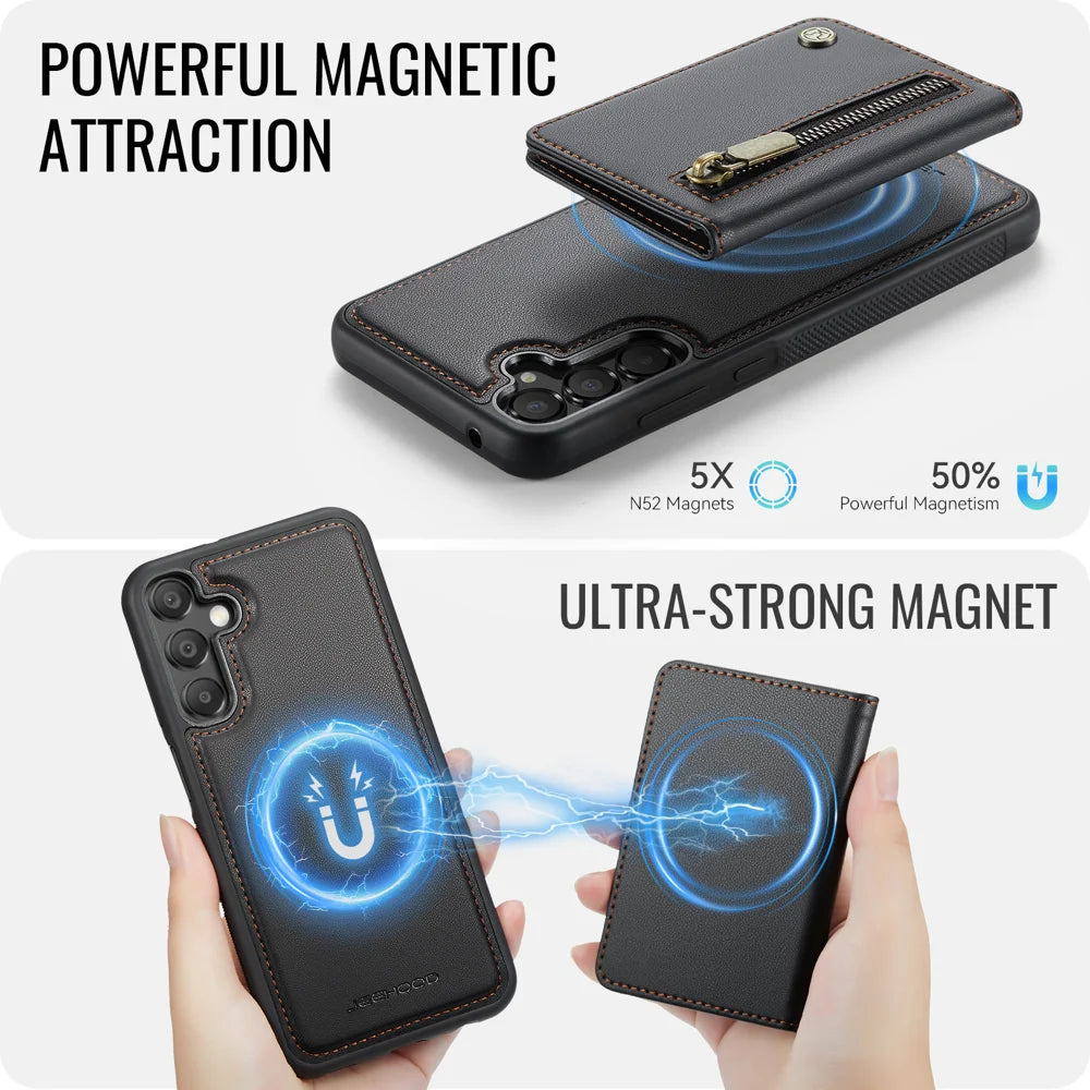 JEEHOOD For Samsung Galaxy A35 5G Case  J12 Magnetic Detachable Zipper Wallet Kickstand Leather Back Cover Magnetic Case - Black - 3