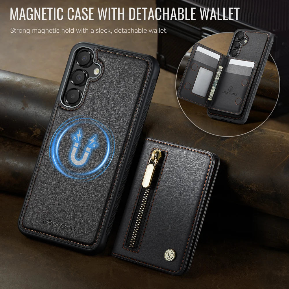 JEEHOOD For Samsung Galaxy A35 5G Case  J12 Magnetic Detachable Zipper Wallet Kickstand Leather Back Cover Magnetic Case - Black - 4