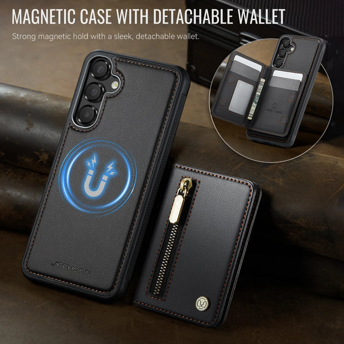 JEEHOOD For Samsung Galaxy A35 5G Case  J12 Magnetic Detachable Zipper Wallet Kickstand Leather Back Cover Magnetic Case - Black - 4