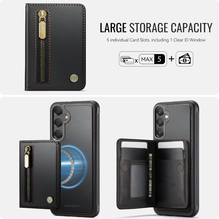 JEEHOOD For Samsung Galaxy A35 5G Case  J12 Magnetic Detachable Zipper Wallet Kickstand Leather Back Cover Magnetic Case - Black - 5
