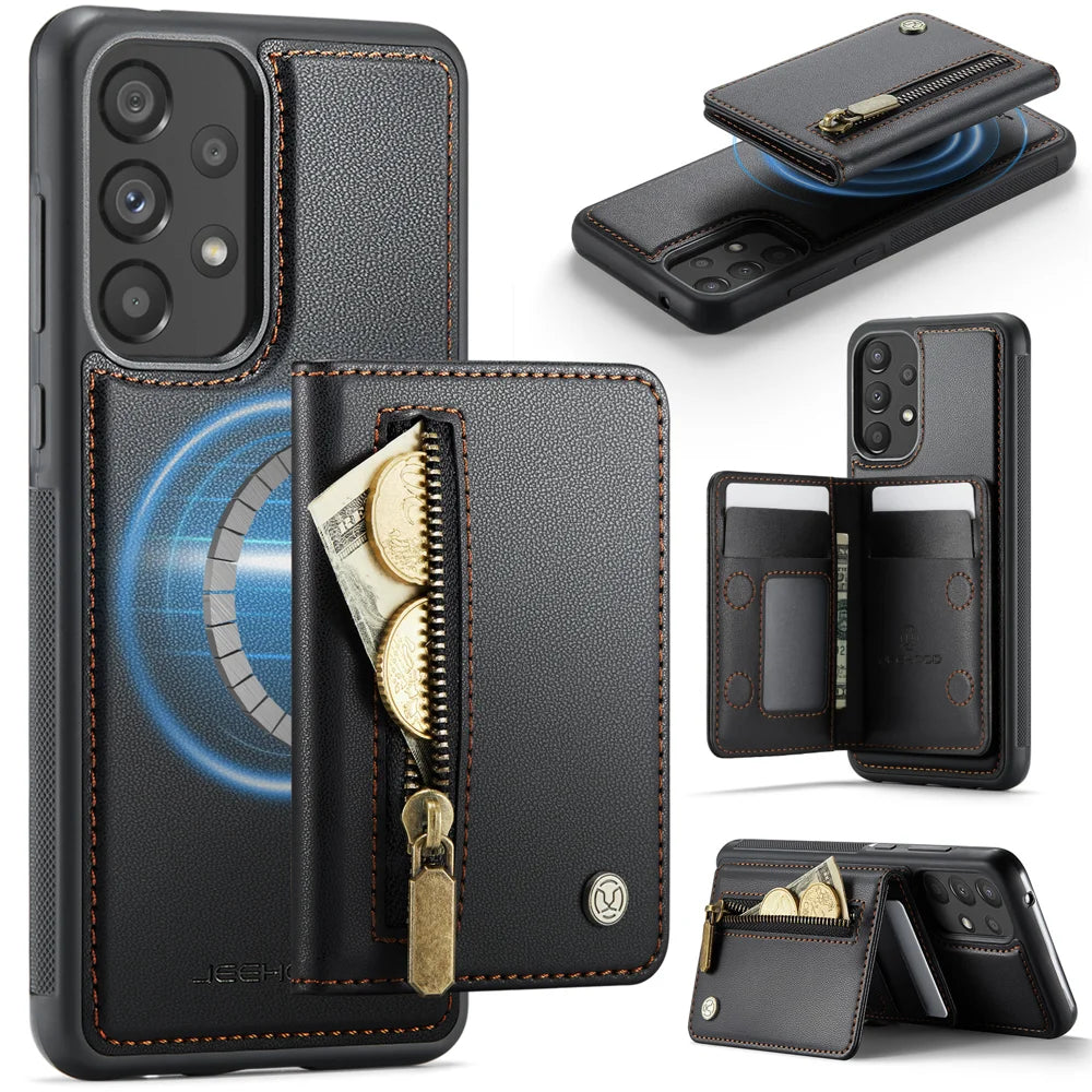 JEEHOOD For Samsung Galaxy A33 5G Case  J12 Magnetic Detachable Zipper Wallet Kickstand Leather Back Cover Magnetic Case - Black - 1