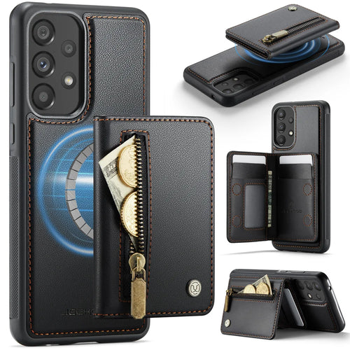 JEEHOOD For Samsung Galaxy A33 5G Case  J12 Magnetic Detachable Zipper Wallet Kickstand Leather Back Cover Magnetic Case - Black - 1