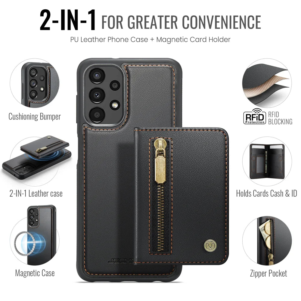 JEEHOOD For Samsung Galaxy A33 5G Case  J12 Magnetic Detachable Zipper Wallet Kickstand Leather Back Cover Magnetic Case - Black - 2