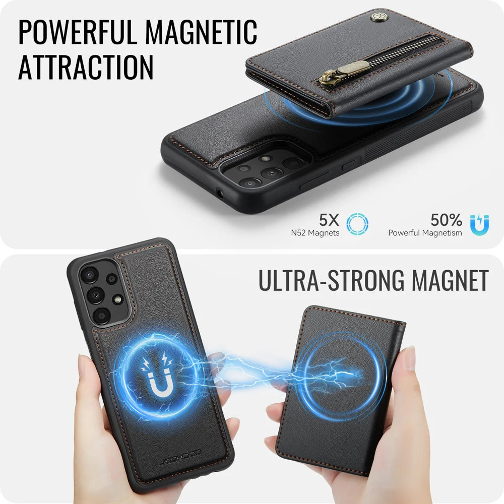 JEEHOOD For Samsung Galaxy A33 5G Case  J12 Magnetic Detachable Zipper Wallet Kickstand Leather Back Cover Magnetic Case - Black - 3