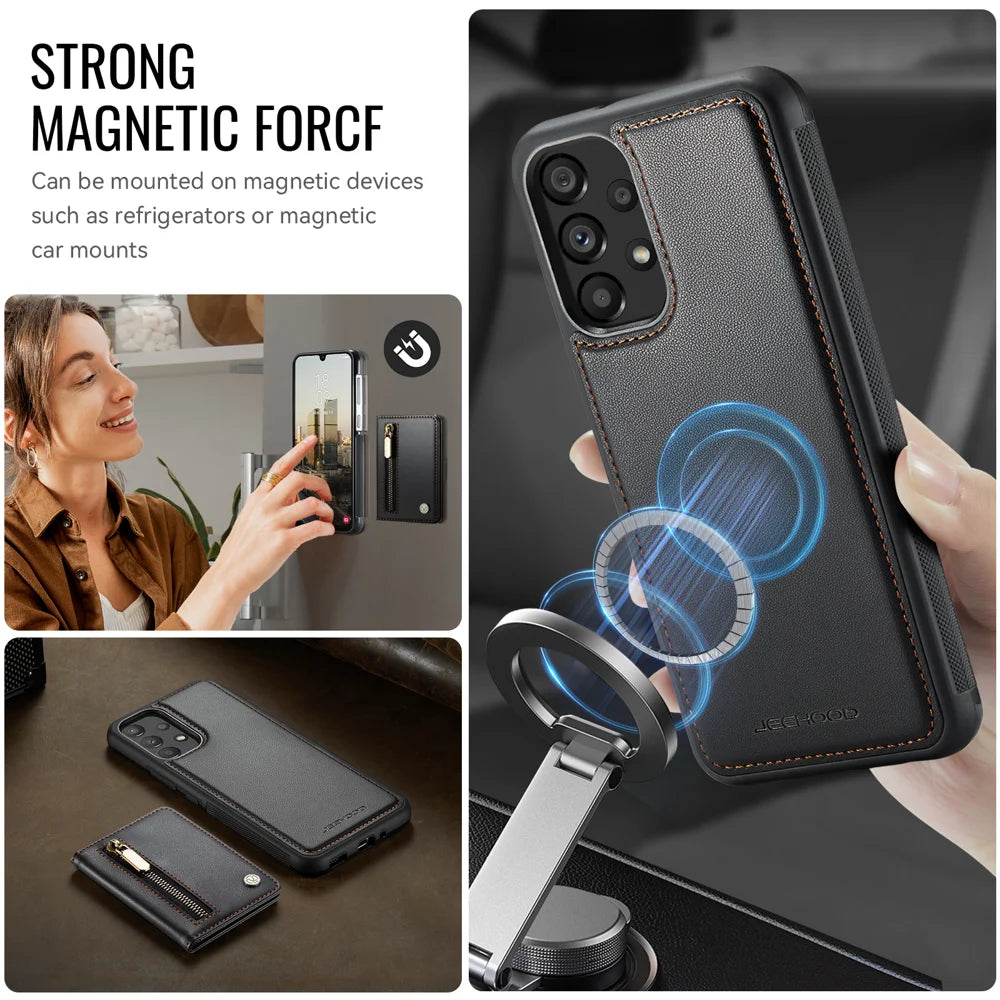 JEEHOOD For Samsung Galaxy A33 5G Case  J12 Magnetic Detachable Zipper Wallet Kickstand Leather Back Cover Magnetic Case - Black - 6