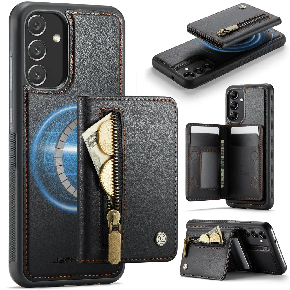 JEEHOOD For Samsung Galaxy A34 5G Case  J12 Magnetic Detachable Zipper Wallet Kickstand Leather Back Cover Magnetic Case - Black - 1